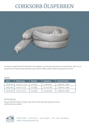 Corksorb Ölsperren Datenblatt